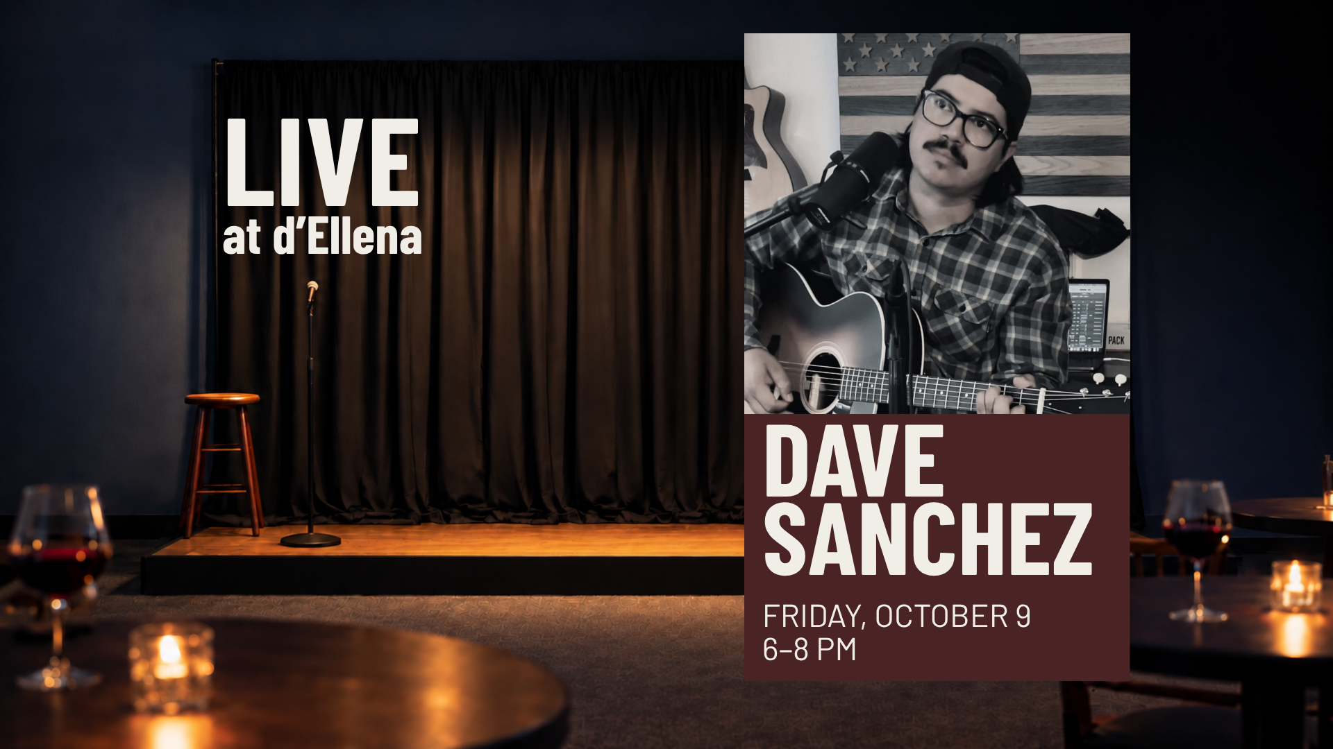 Dave Sanchez plays acoustic guitar during a Live at d’Ellena performance. Event: Friday, October 9, 2026, 6–8 PM at d’Ellena Winery & Vineyard.