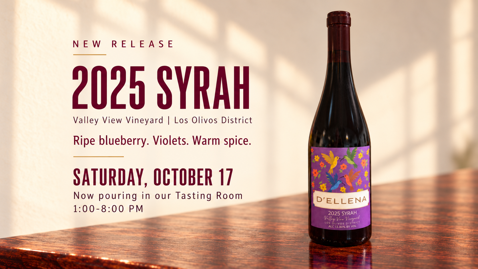 2025 d’Ellena Syrah wine release featuring a purple-labeled bottle on a redwood tasting bar.