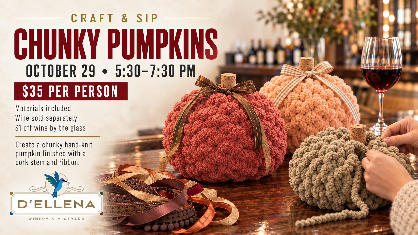 Craft & Sip: Chunky Pumpkins event at d’Ellena Winery and Vineyard featuring plush hand-knit chenille pumpkins with cork stems and ribbon on a winery tasting bar.