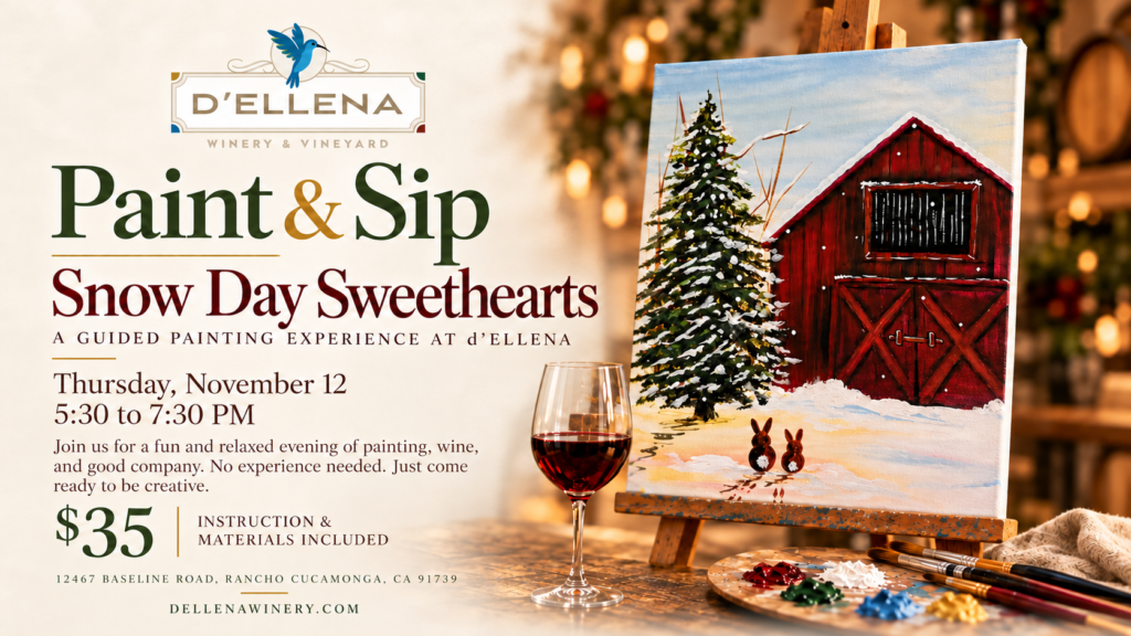 Snowy red barn, evergreen tree and two rabbits for d’Ellena’s November Paint & Sip.