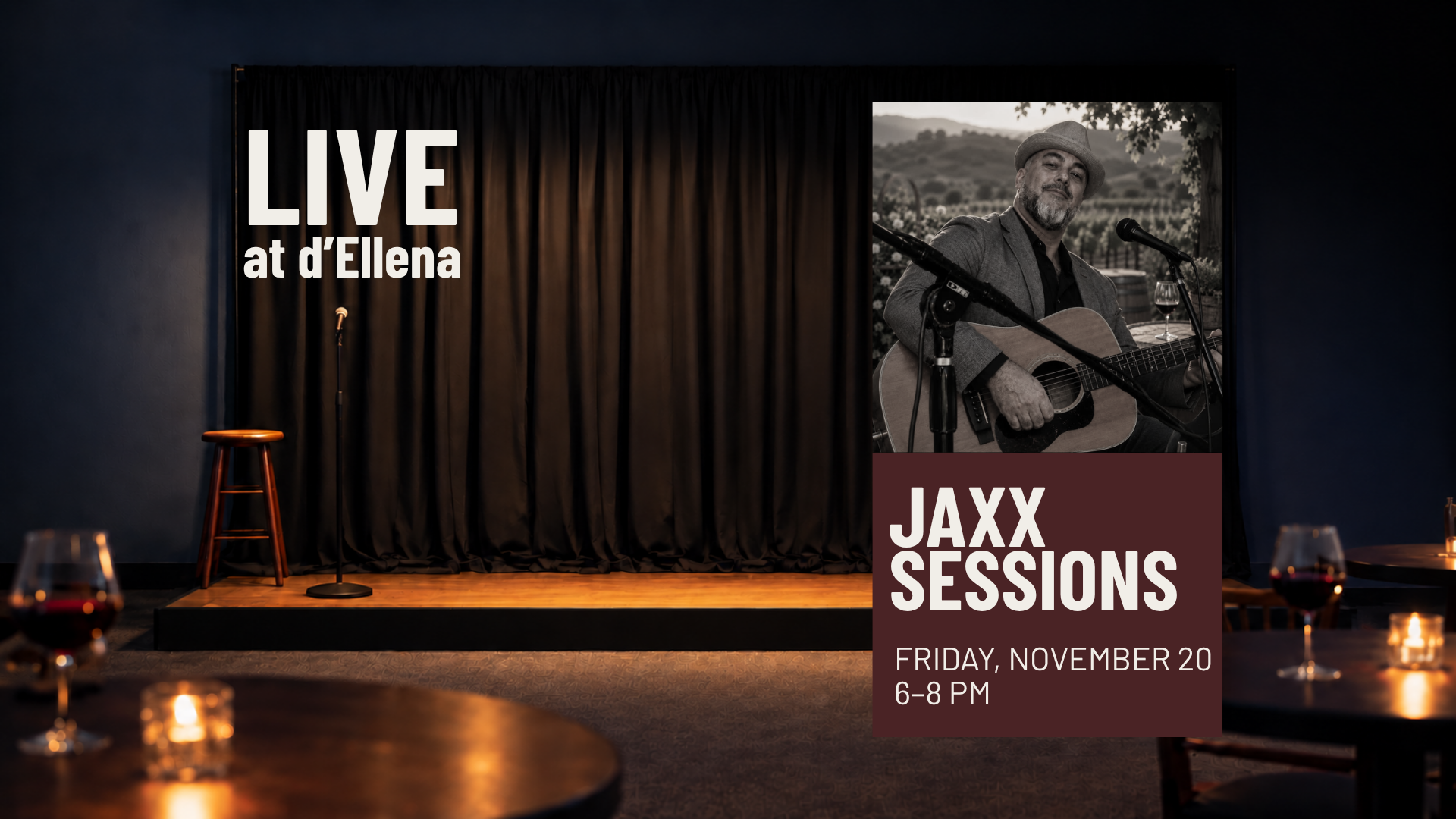 Jaxx Sessions plays guitar at d’Ellena Friday, November 20 from 6–8 PM.