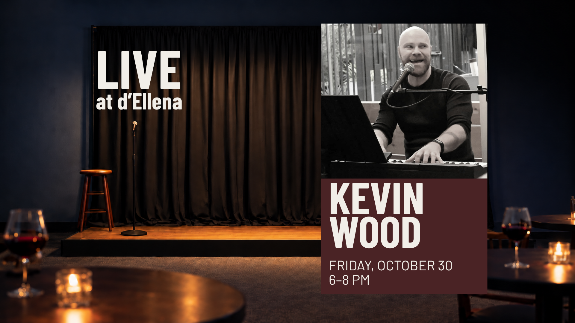 Kevin Wood performs at d’Ellena Winery & Vineyard on October 30 from 6–8 PM. Enjoy Friday night live music in Rancho Cucamonga.
