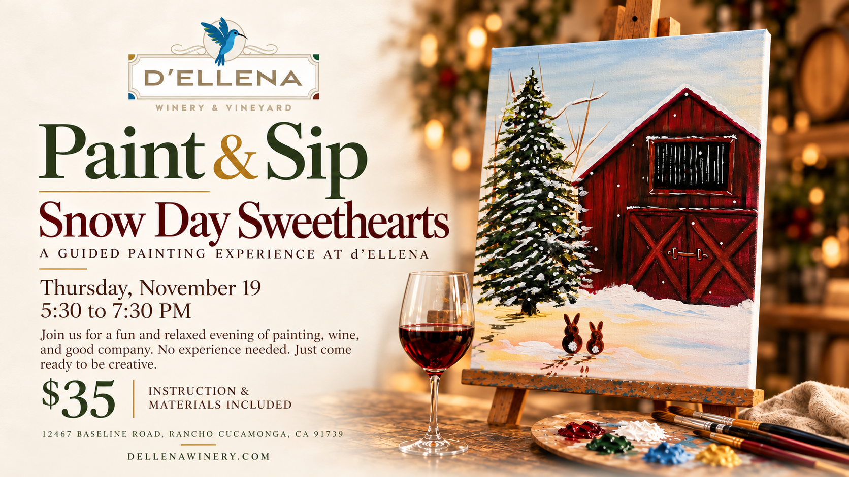 Snow Day Sweethearts Paint & Sip featuring a snowy red barn, evergreen tree and two rabbits at d’Ellena Winery & Vineyard.
